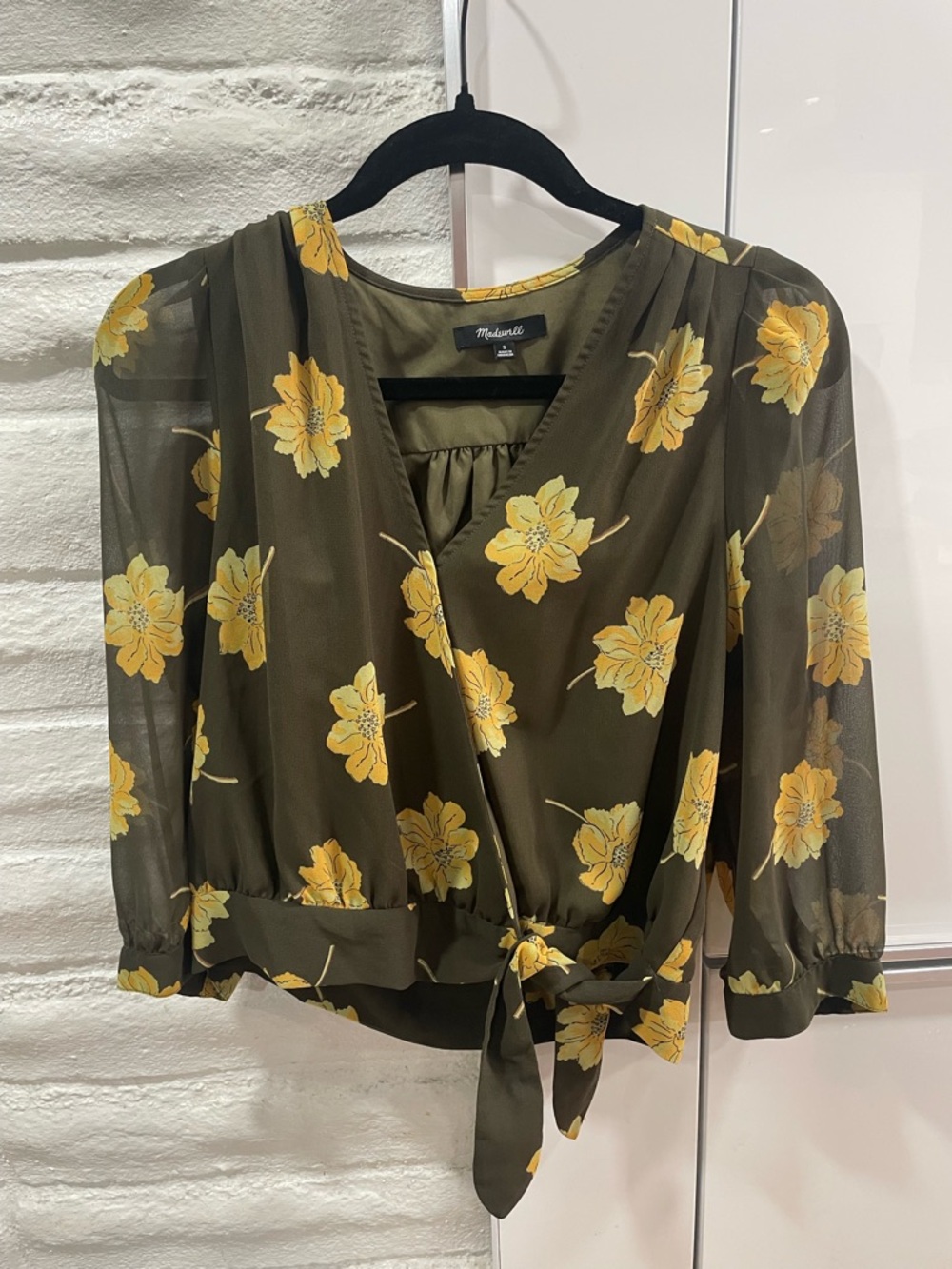 Madewell Floral Olive Green and Yellow Floral Flowy Sheer Blouse with Tie Small